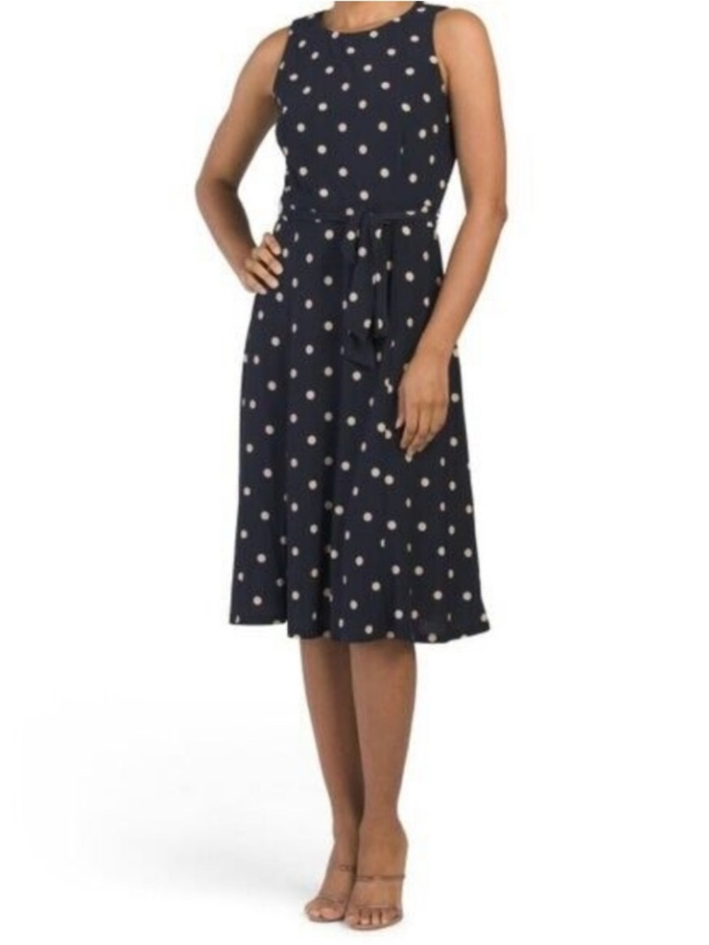 Belted No Wrinkle Travelers Dress 10 Sleeveless Navy + White Polka Dots - Picture 10 of 11
